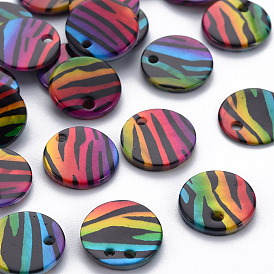 Printed Freshwater Shell Charms, Flat Round with Zebra-Stripe Pattern