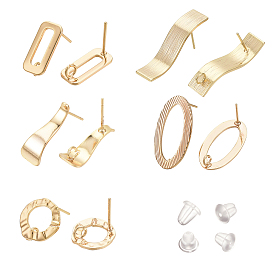 20Pcs 5 Style Brass Stud Earring Findings, with Loop, with 40Pcs Plastic Ear Nuts, Oval & Ring & Rectangle & Trapezoid