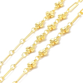 Handmade Brass Flower Link & Paperclip Chains, with Clear Cubic Zirconia, Long-Lasting Plated, Soldered, with Spool
