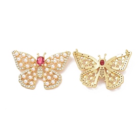 Brass Micro Pave Cubic Zirconia 2-Loop Pendants, with ABS Pearl, Butterfly Charm