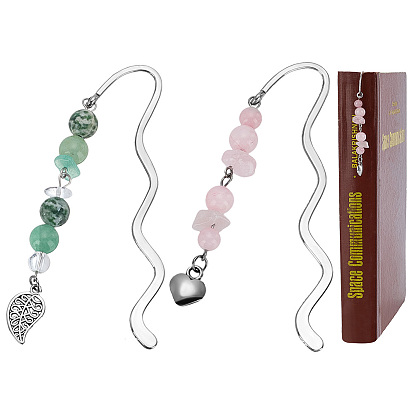 2 шт. 2 стили закладок из сплава, с натуральным зеленым авантюрином и розовым кварцем, старинное серебро и платина