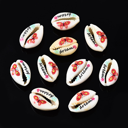 Printed Natural Cowrie Shell Beads, No Hole, Butterfly Pattern & Word Dream