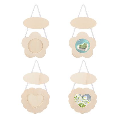 4шт 4 стили необработанная натуральная деревянная подвесная фоторамка, для декоративно-прикладного искусства проекты поделки живописи, цветок / сердце
