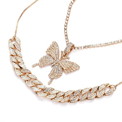 Alloy Rhinestone Pendant Necklaces & Adjustable Slider Necklaces Sets, with Box Chains and Curb Chains, Butterfly