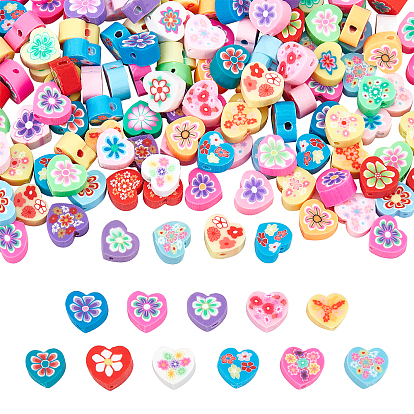 300PCS Handmade Polymer Clay Beads, Heart with Flower