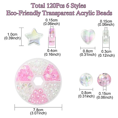 120Pcs 6 Styles Eco-Friendly Transparent Acrylic Beads,  Dyed, AB Color