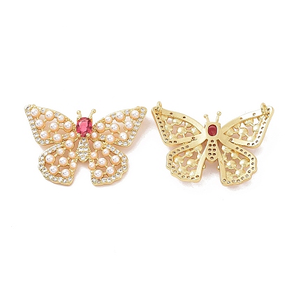 Brass Micro Pave Cubic Zirconia 2-Loop Pendants, Cadmium Free & Lead Free, with ABS Pearl, Butterfly Charm
