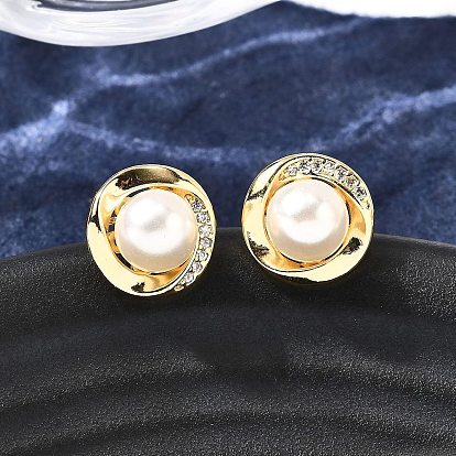 Круглые серьги-гвоздики из латуни с микропаве из прозрачных кубических цирконий, с пластиковой имитационной жемчужиной, стойки покрытие, без кадмия и без свинца