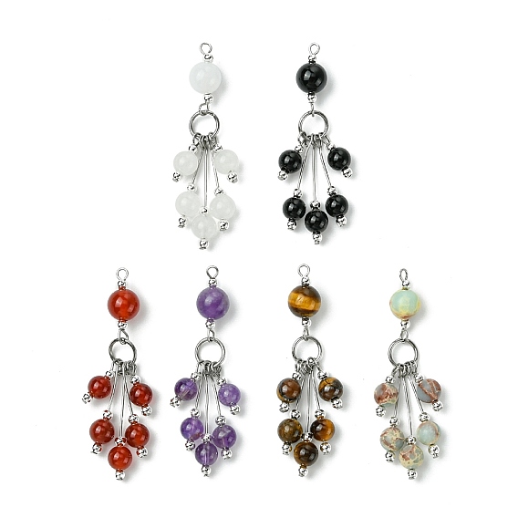 Большие подвески с круглыми кисточками из драгоценных камней, с 304 фурнитурой из нержавеющей стали, стойки покрытие, цвет нержавеющей стали