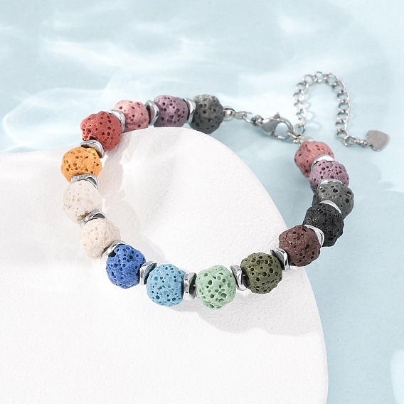 Chakra Dyed Round Natural Lava Rock Beaded Bracelets, with Synthetic Non-magnetic Hematite Beads and 304 Stainless Steel End Chain, Colorful