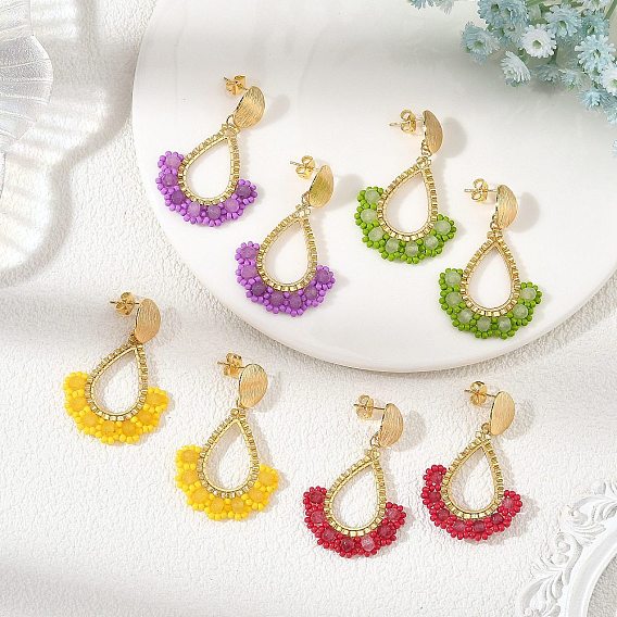 201 Stainless Steel Stud Earrings, Teardrop, Glass Beads Dangle Earrings for Women
