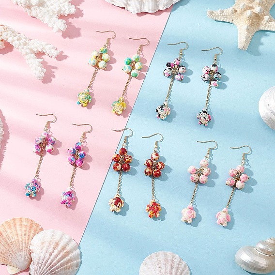 304 серьги-подвески из нержавеющей стали с синтетической бирюзой и черепаховым узором