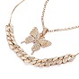 Alloy Rhinestone Pendant Necklaces & Adjustable Slider Necklaces Sets, with Box Chains and Curb Chains, Butterfly