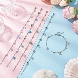 5 шт. 5 стили браслеты на ногу из сплава с кисточками и натуральными и синтетическими драгоценными камнями, 304 женские ножные браслеты из нержавеющей стали с цепочкой, разнообразные