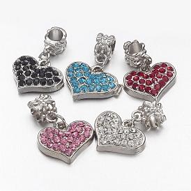 Unique Valentines Day Ideas European Dangle Charms, with Alloy Rhinestone Findings, Grade A, Heart, Platinum Metal Color