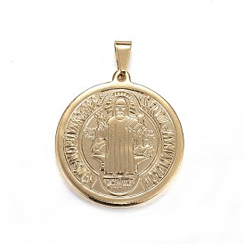 Pendentifs en acier inoxydable, plat et circulaire avec Saint Benoit
