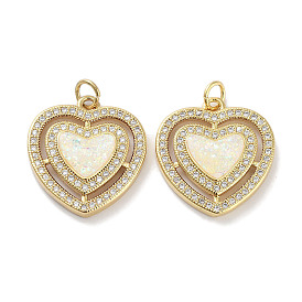 Brass Micro Pave Clear Cubic Zirconia Pendants, with Synthetic Opal and Jump Rings, Real 18K Gold Plated, Heart Charms