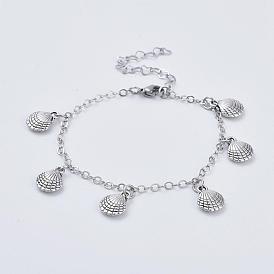 Tibetan Style Zinc Alloy Shell Charm Bracelets, with Brass Cable Chains, 304 Stainless Steel Extension Chain and Lobster Claw Clasps