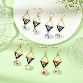 304 Stainless Steel with Cylinder Seed Beads Dangle Earrings, Rhombus, Handmade Flower Printed Porcelain Ceramic Beads Dangle Earrings, Golden