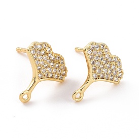 Brass Micro Pave Clear Cubic Zirconia Stud Earring Findings, with Horizontal Loops, Gingko Leaf