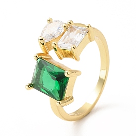 Anillo de puño abierto rectangular y corazón de circonita cúbica, joyas de latón chapado en oro real 18k para mujer, sin plomo y el cadmio