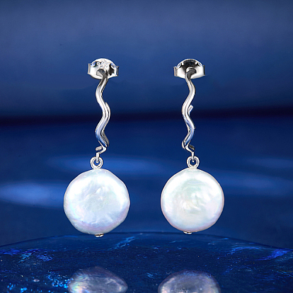Boucles d'oreilles pendantes en argent sterling plaqué rhodium en forme de C, avec perles rondes plates naturelles