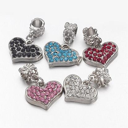 Unique Valentines Day Ideas European Dangle Charms, with Alloy Rhinestone Findings, Grade A, Heart, Platinum Metal Color