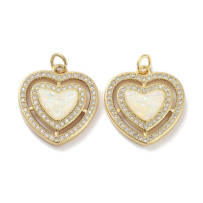 Brass Micro Pave Clear Cubic Zirconia Pendants, Cadmium Free & Lead Free, with Synthetic Opal and Jump Rings, Real 18K Gold Plated, Heart Charms