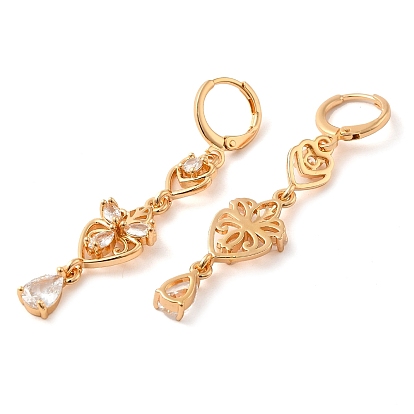 Rack Plating Golden Brass Dangle Leverback Earrings, with Cubic Zirconia, Flower