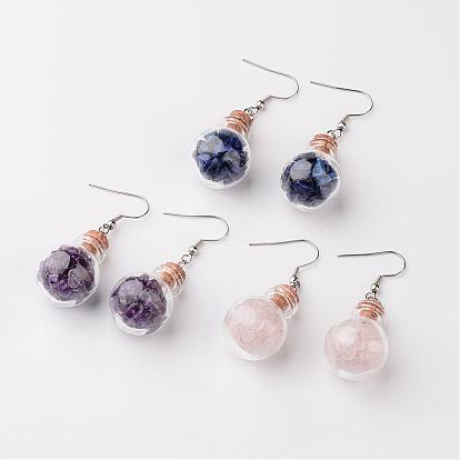 Natural Gemstone Chip Beads with Hole, Inside Glass Bottle Dangle Earrings, with 304 Stainless Steel Earring Hooks, 52mm, Pin: 0.7mm