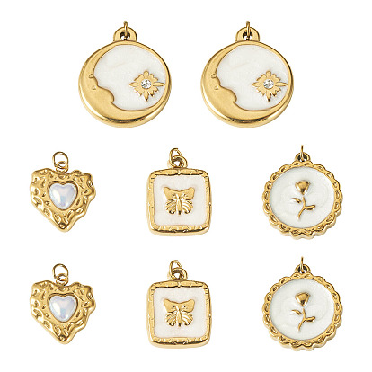 8 piezas 4 estilos 304 colgantes de acero inoxidable esmaltado, Con anilla de salto y pedrería, revestimiento de iones (ip), real 18 k chapado en oro
