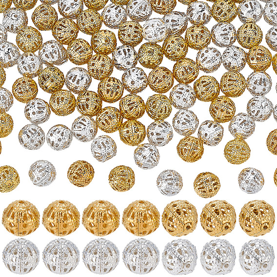 120Pcs 2 Styles Brass Beads, Hollow Round