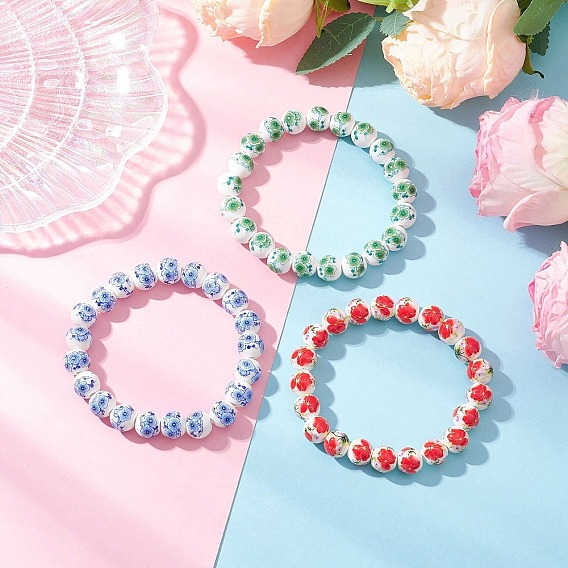 3Pcs 3 Colors Handmade Flower Printed Porcelain Ceramic Round Beads Stretch Bracelets for Women