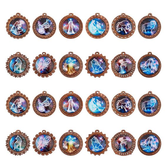 Glass Pendants, with Wooden Cabochon Settings, Half Round with 12 Constellations Pattern