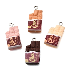 Opaque Resin Imitation Food Pendants, Chocolate Bar Charms, with Platinum Iron Loop
