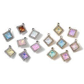 UV Plating Alloy Glass Pendants, Rhombus Charm, with Rhinestone, Faceted, Mixed Color