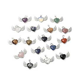 Gemstone Pendants, with Platinum Tone Brass Findings, Lead Free & Cadmium Free, Heart Wing Charms