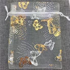 Мешочки для хранения украшений из органзы с золотым тиснением и бабочкой, свадебные подарочные пакеты со шнурком для свадебной вечеринки, прямоугольные