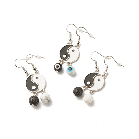 3 Pairs 3 Style Alloy Enamel Yin Yang Matching Asymmetrical Earrings, Brass Dangle Earrings with Round Evil Eye Lampwork & Gemstone Beads for Women, Platinum