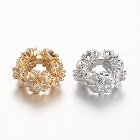 Perlas europeas de circonita cúbica de latón chapado en rack ecológico, grandes cuentas flor de agujero, sin plomo, cadmio, níquel, 11.5x6 mm, agujero: 5 mm