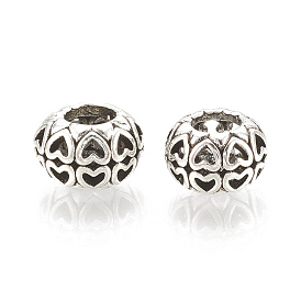 Alloy European Beads, Large Hole Beads, Hollow, Rondelle with Heart