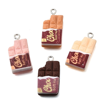Opaque Resin Imitation Food Pendants, Chocolate Bar Charms, with Platinum Iron Loop