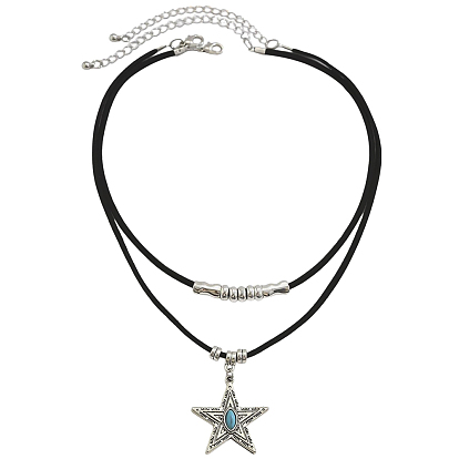 1 комплект ожерелий с подвеской из синтетической бирюзы в виде двухслойного шнура, античное серебро