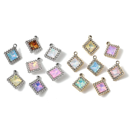 UV Plating Alloy Glass Pendants, Rhombus Charm, with Rhinestone, Faceted, Mixed Color