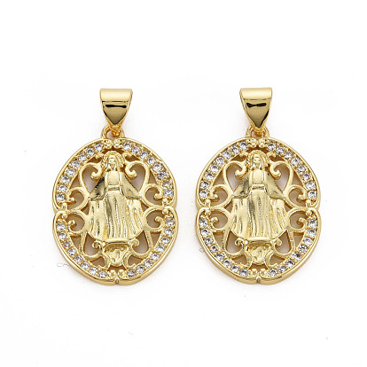 Brass Micro Pave Cubic Zirconia Pendants, Nickel Free, Oval with Virgin