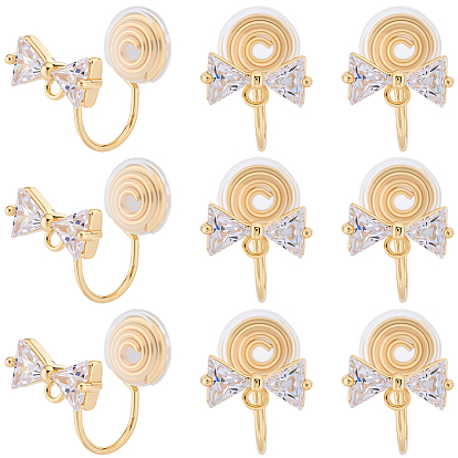 10шт. фурнитура для сережек-клипс из латуни с микропаве из прозрачных кубических цирконий, с петлей, долговечный, без никеля , бантом