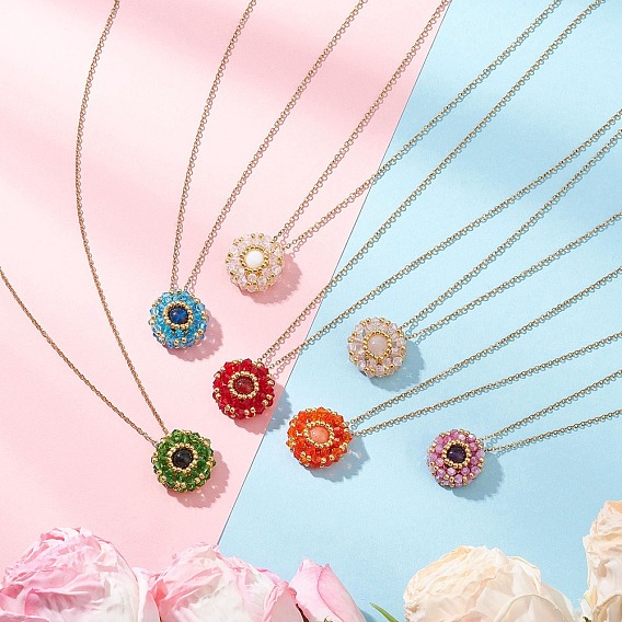 Кулон из натурального камня и стеклянных бусин с плоским круглым сечением 304 ожерелья из нержавеющей стали с цепочкой, золотые