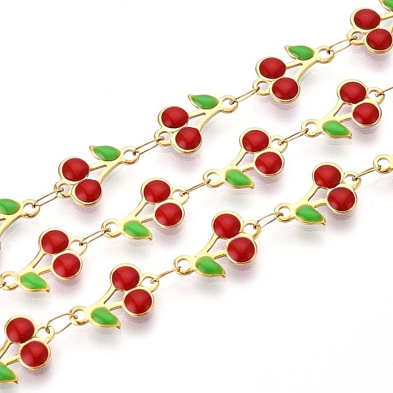 304 цепи из нержавеющей стали с эмалированными вишневыми звеньями, с катушкой, пайки, реальный 18 k позолоченный, ионное покрытие (ip)