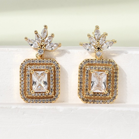 Прямоугольные латунные серьги-гвоздики с микропаве из прозрачных кубических цирконий, стойки покрытие, долговечный, без кадмия и без свинца, реальный 18 k позолоченный