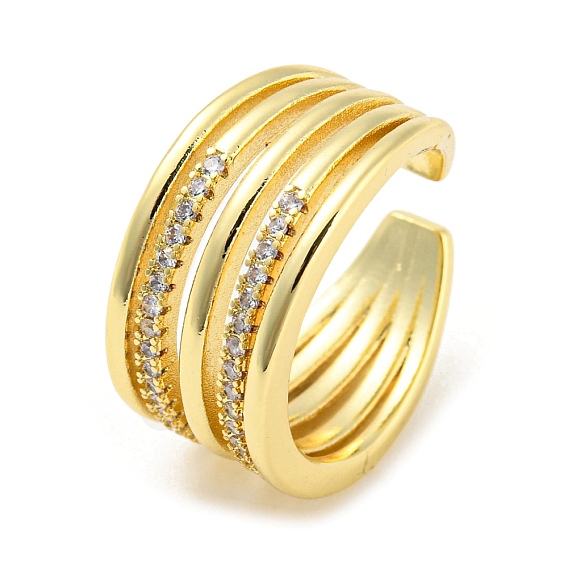 Brass Micro Pave Cubic Zirconia Open Cuff Ring, Cadmium Free & Lead Free, Multi Lines